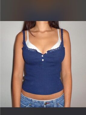 Brandy Melville Navy Lace-Trim Ribbed Camisole Tank Top